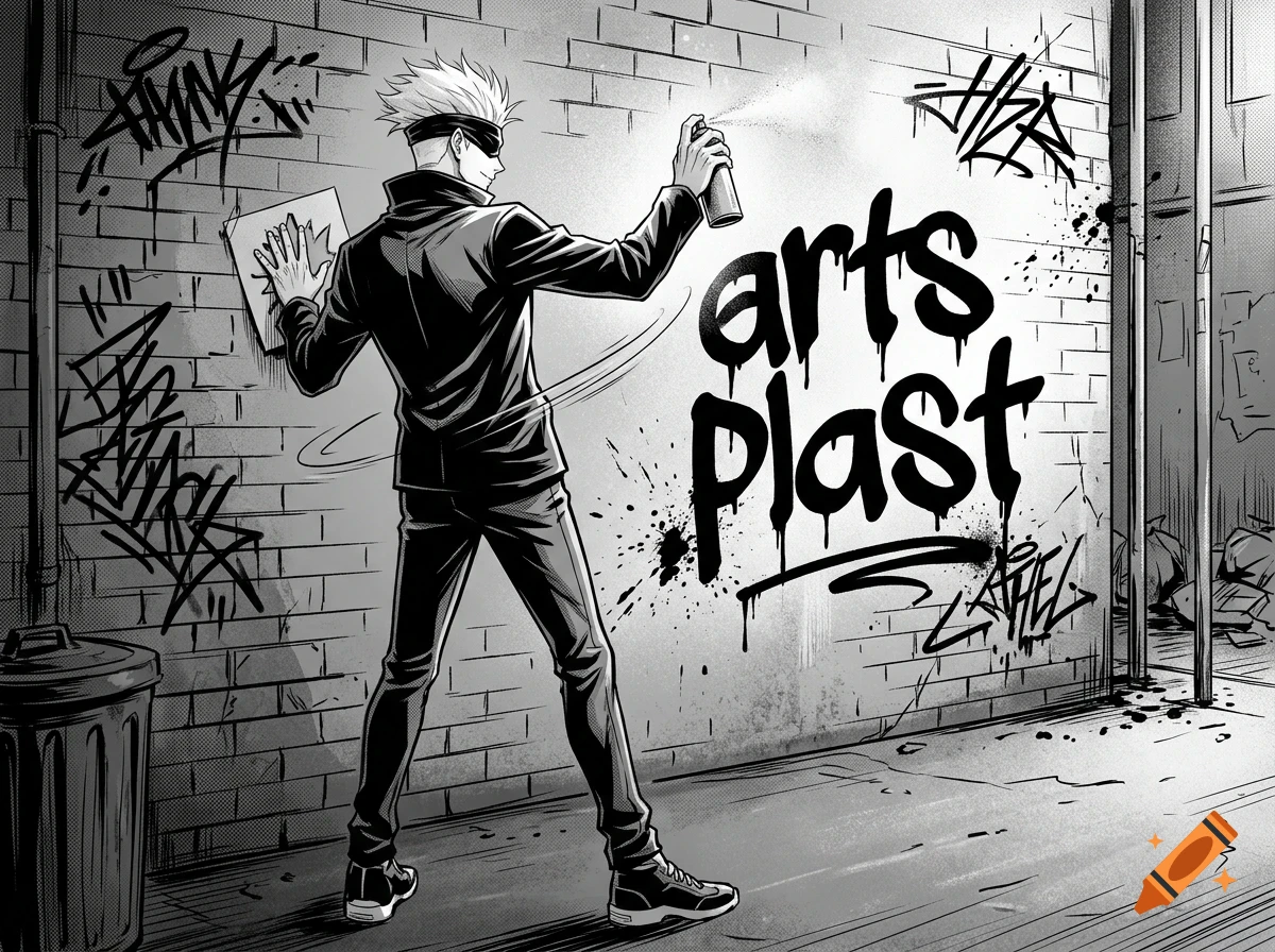 Monochrome anime-style illustration of a character spray-painting "arts plast" on a brick wall in an alleyway.