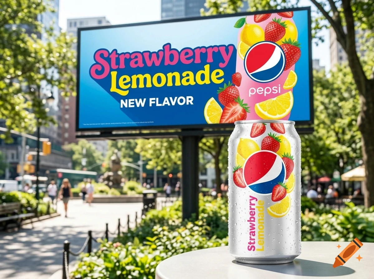 A Pepsi Strawberry Lemonade can sits on a table outdoors in front of a billboard advertising the new flavor in a city street setting.