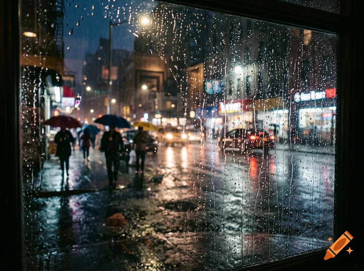 A rainy night scene viewed through a window covered in raindrops, showing a city street with blurred lights, cars, and pedestrians with umbrellas.