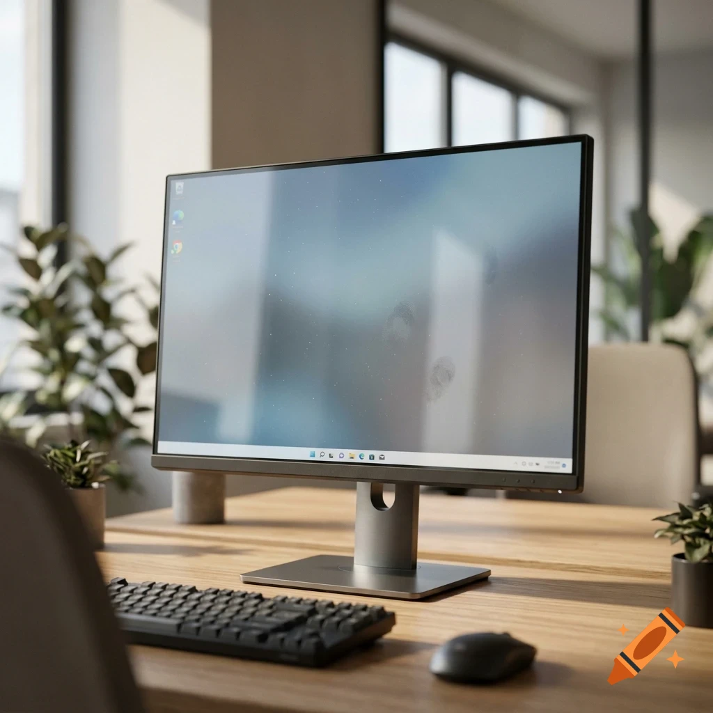 A computer monitor with smudges on the screen sits on a wooden desk with a keyboard and mouse in an office setting.