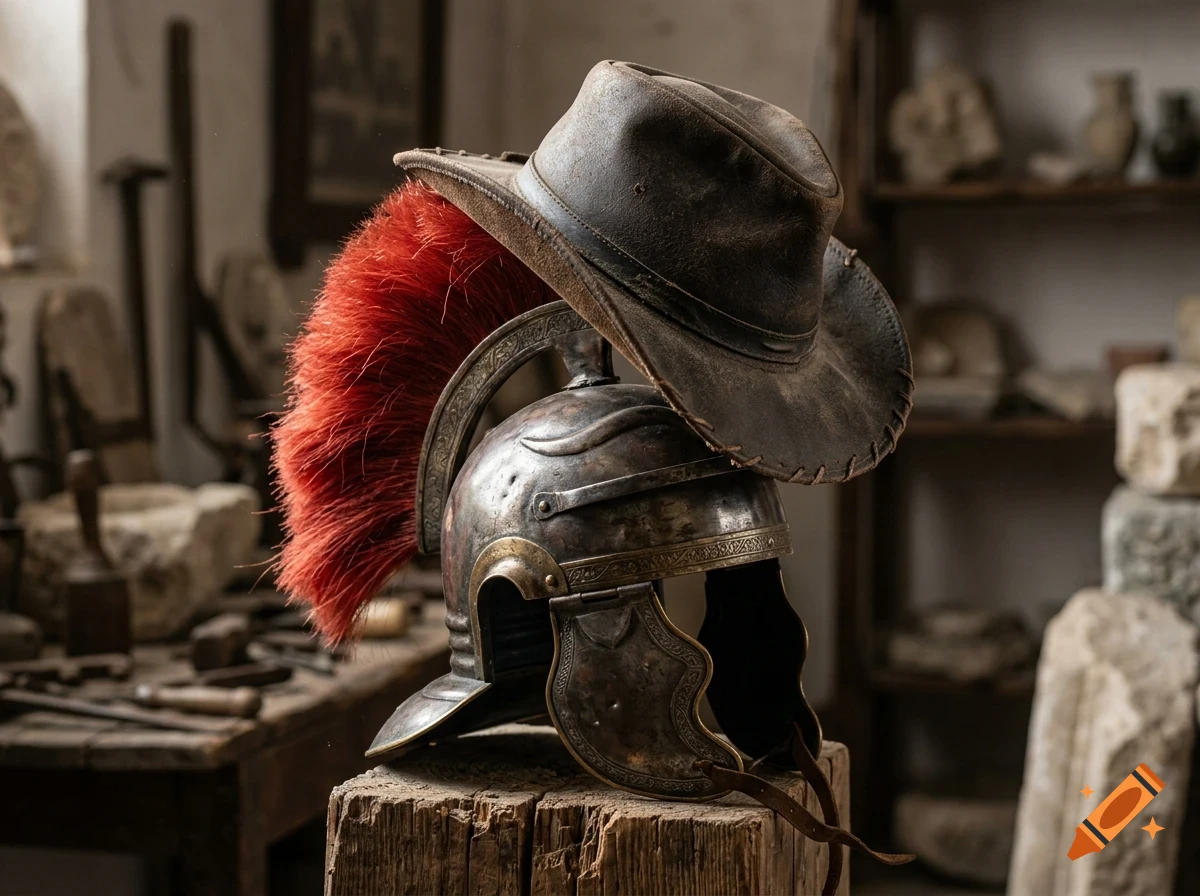 A metal Roman-style helmet with a red crest resting on a wooden block, with a brown leather fedora hat placed on top.