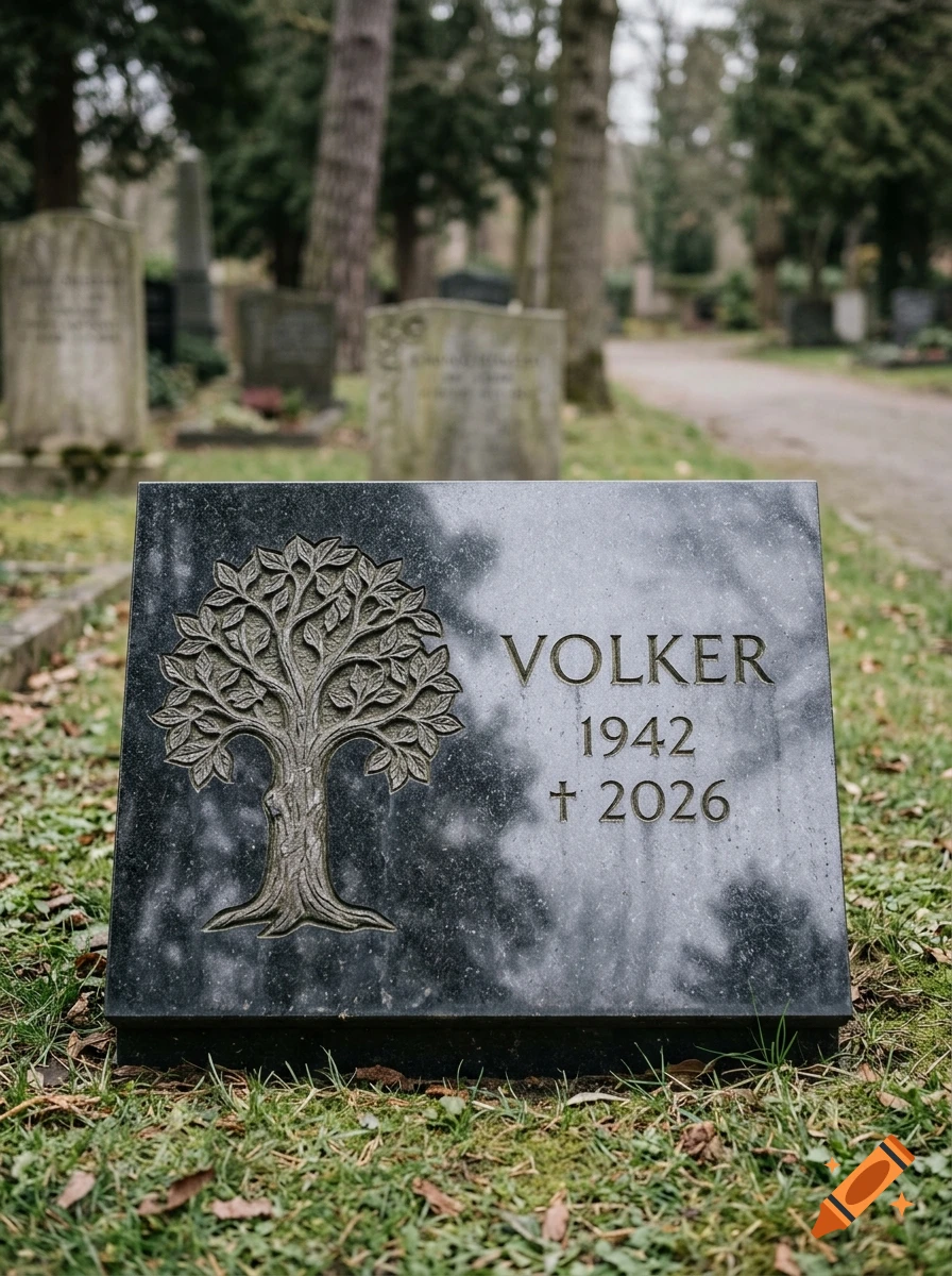 Photorealistic dark granite gravestone in a cemetery with a carved tree and the inscription 'VOLKER 1942 + 2026'.