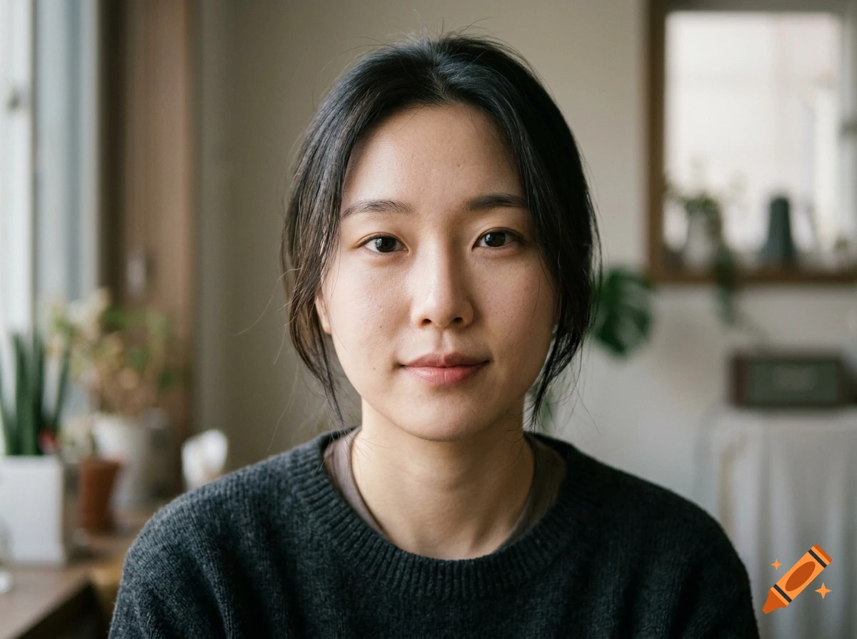 Photorealistic close-up portrait of a young East Asian woman with dark hair and a neutral expression, wearing a dark sweater indoors.