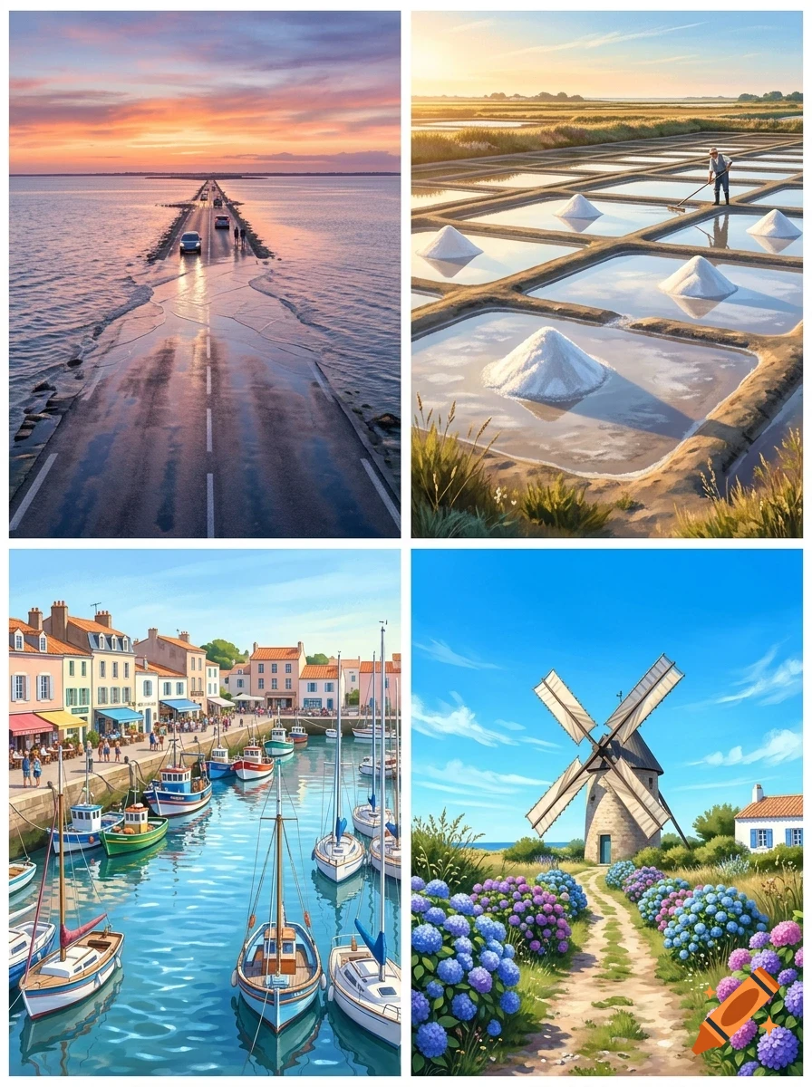 A collage showing a flooded road at sunset, a salt marsh worker harvesting salt, a bustling harbor with boats, and a stone windmill surrounded by flowers.