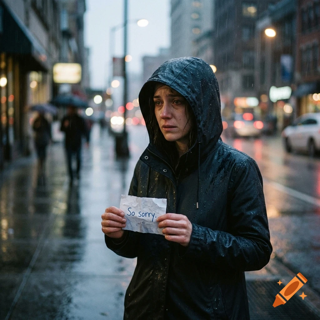 A distressed woman in a wet hooded jacket holds a small paper note reading So sorry on a rainy city street at dusk.
