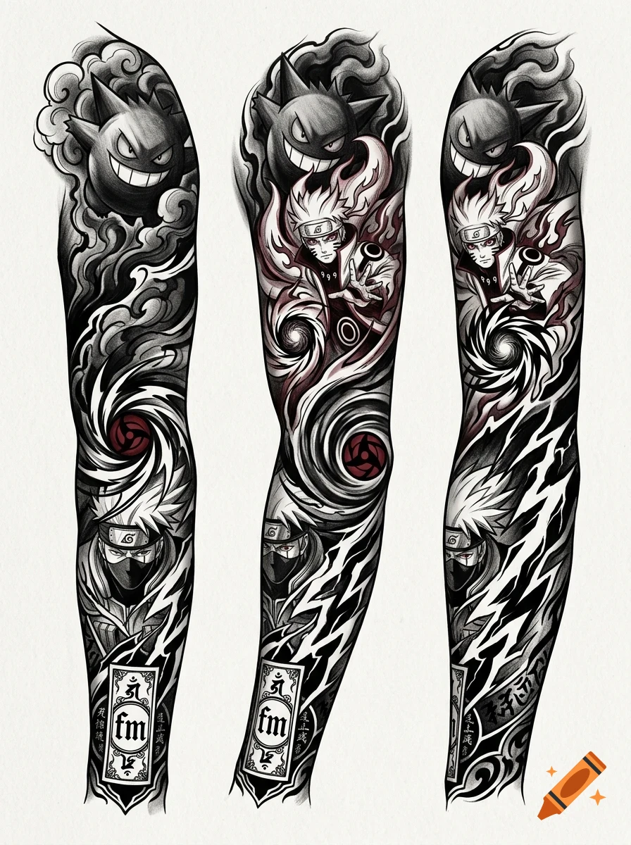 Black and grey sleeve tattoo design featuring anime characters, swirling smoke, and mystical symbols rendered in a detailed ink style.