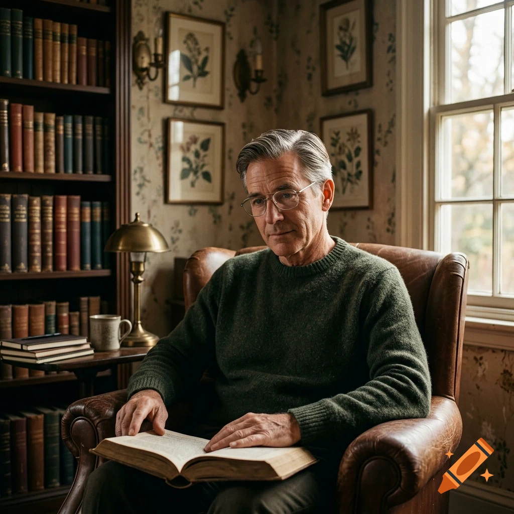 An older man in a green sweater sits in a leather armchair inside a study, reading a book.