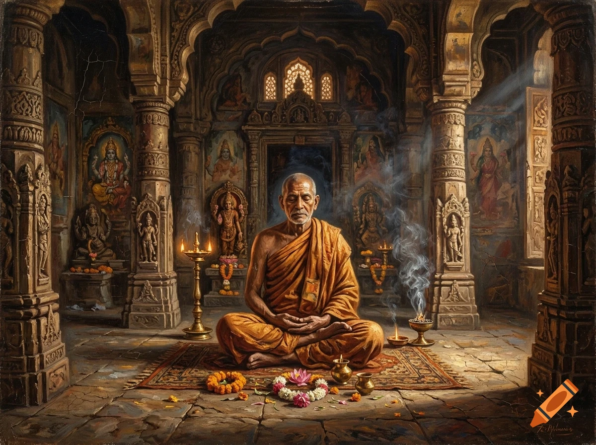 An elderly monk in orange robes sits cross-legged meditating inside an ornate stone temple surrounded by statues and burning incense.