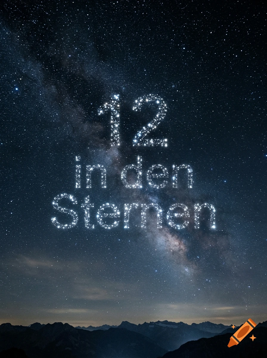 The text '12 in den Sternen' is formed by stars against the backdrop of a starry night sky with the Milky Way visible above distant mountain silhouettes.