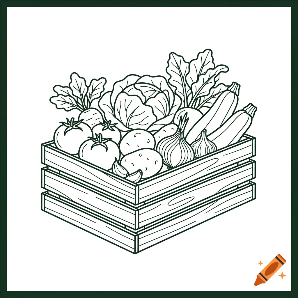 A line drawing of a wooden crate filled with various fresh vegetables including tomatoes, potatoes, onions, cabbage, and zucchini.
