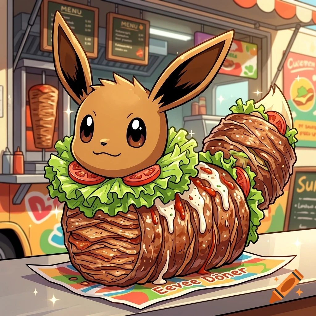 An Eevee character styled as a Döner kebab wrapped in meat, lettuce, tomatoes, and sauce in front of a food truck.