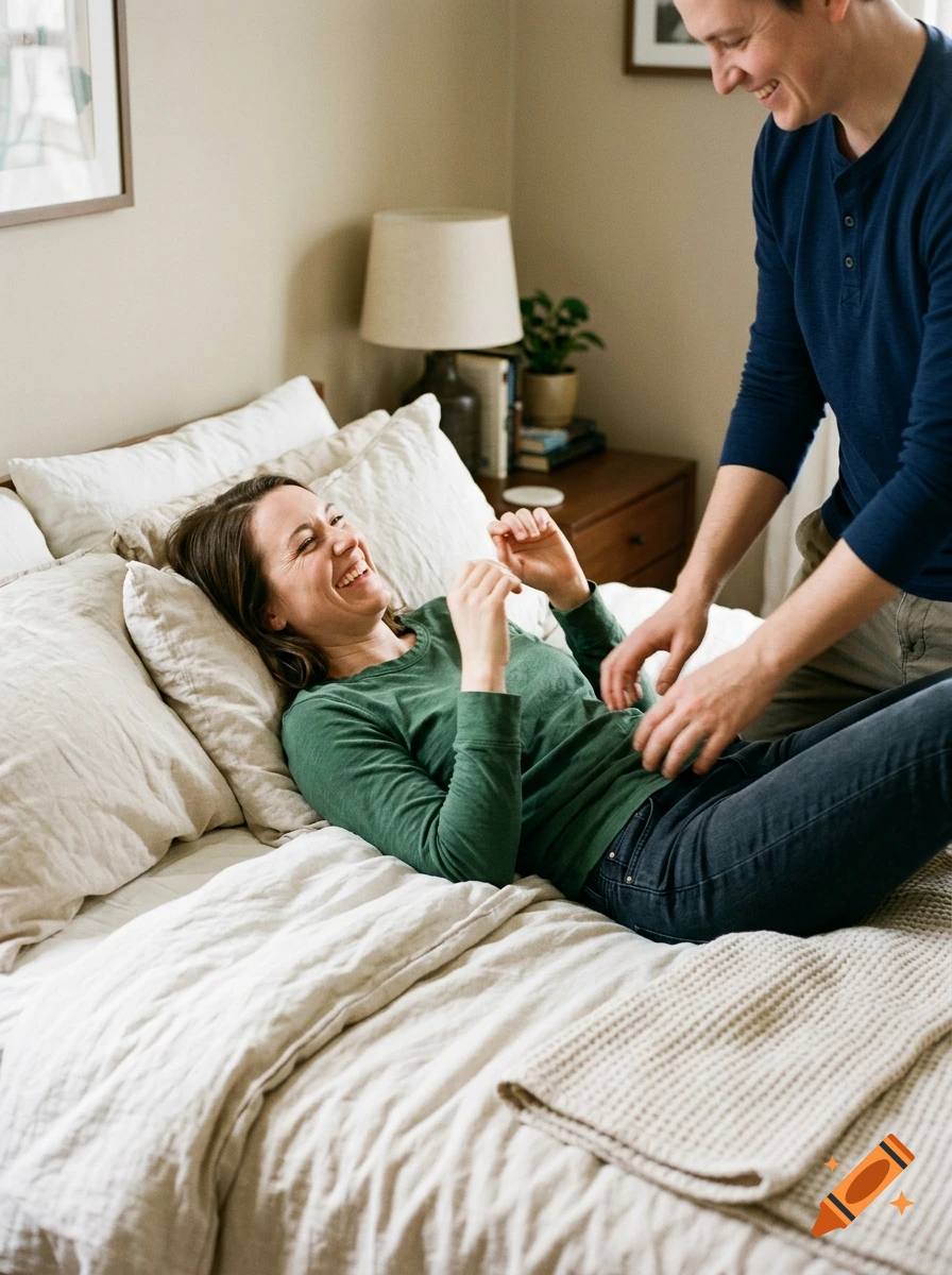 Photorealistic image of a woman laughing on a bed while being tickled by a man standing beside her.