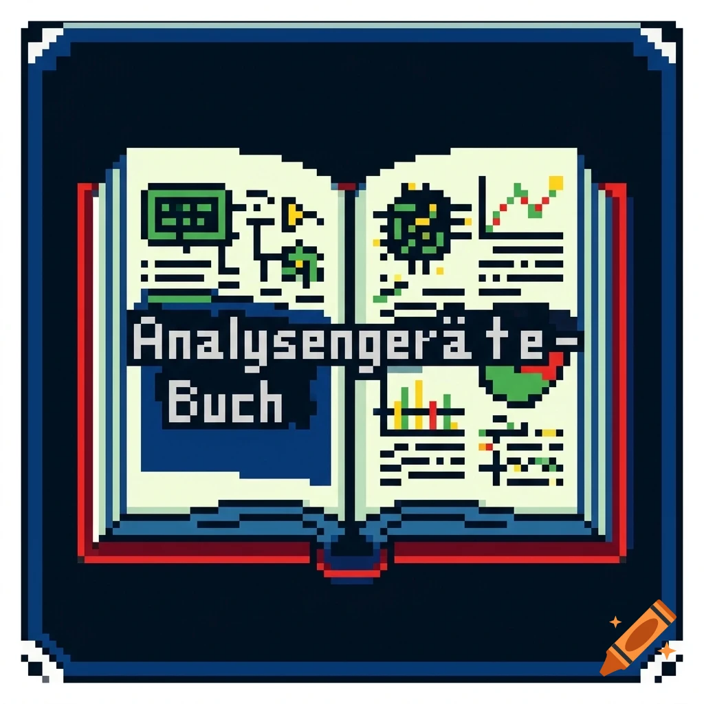 Pixel art of an open book with diagrams and text, featuring the German words "Analysengeräte-Buch" on the left page.