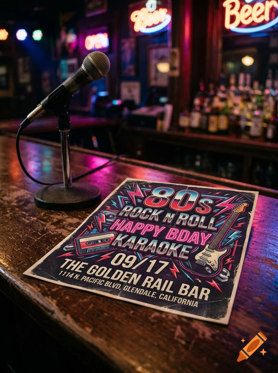 Close-up of an 80s rock and roll karaoke flyer on a wooden bar counter with a microphone in the background.