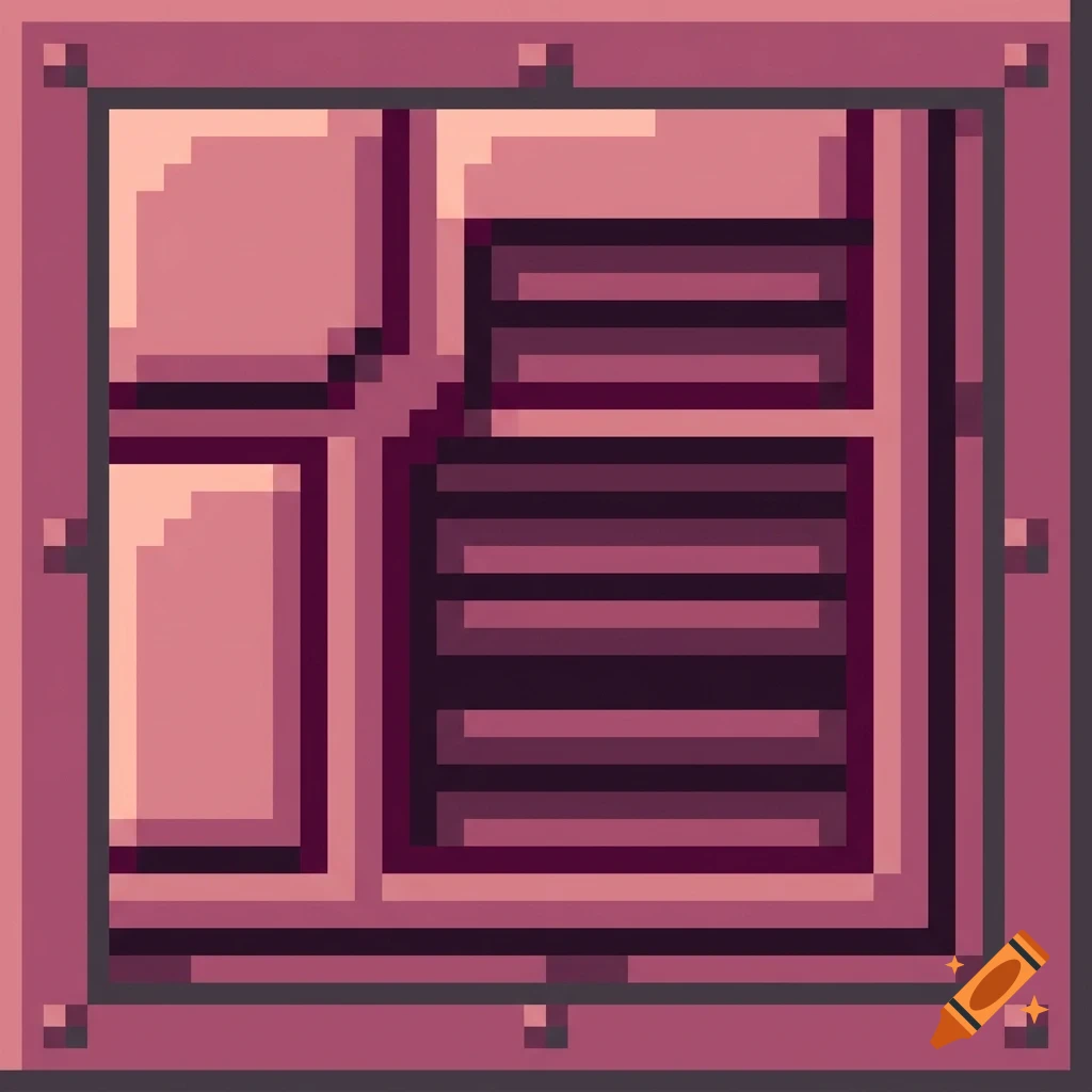Close-up pixel art illustration of a metallic panel with rivets in shades of pink and purple.