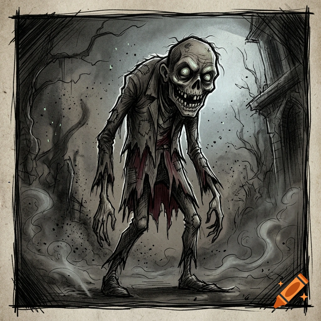 Hand-drawn spooky zombie character with glowing eyes in a dark, atmospheric setting.