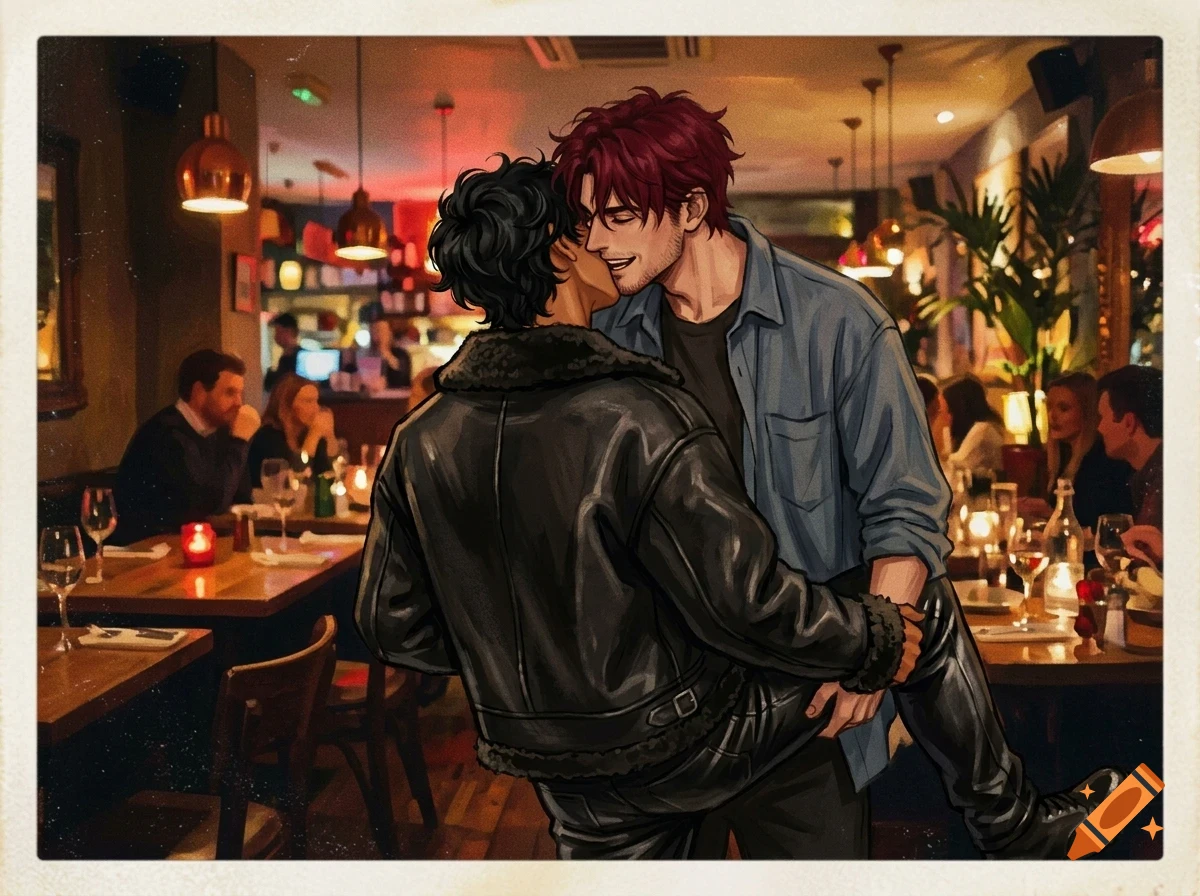 Digital illustration of two men embracing and about to kiss in a dimly lit restaurant filled with diners and warm pendant lighting.