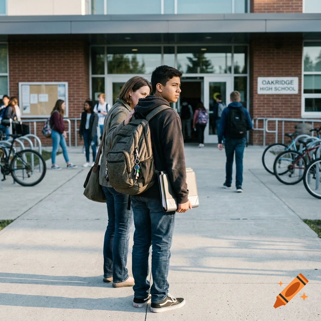 Photorealistic image of students with backpacks standing outside Oakridge High School.