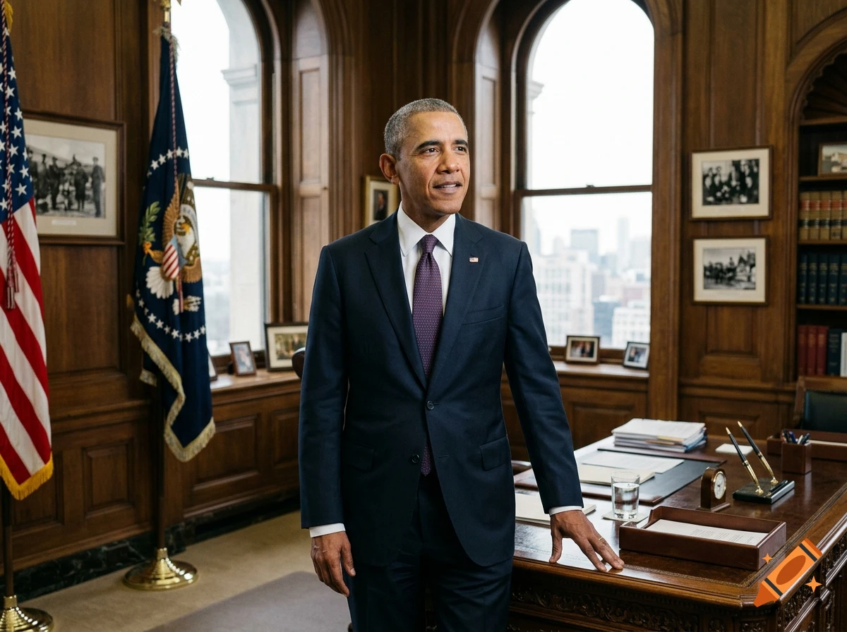 Photorealistic portrait of Barack Obama standing in the Oval Office near his desk and American flags.