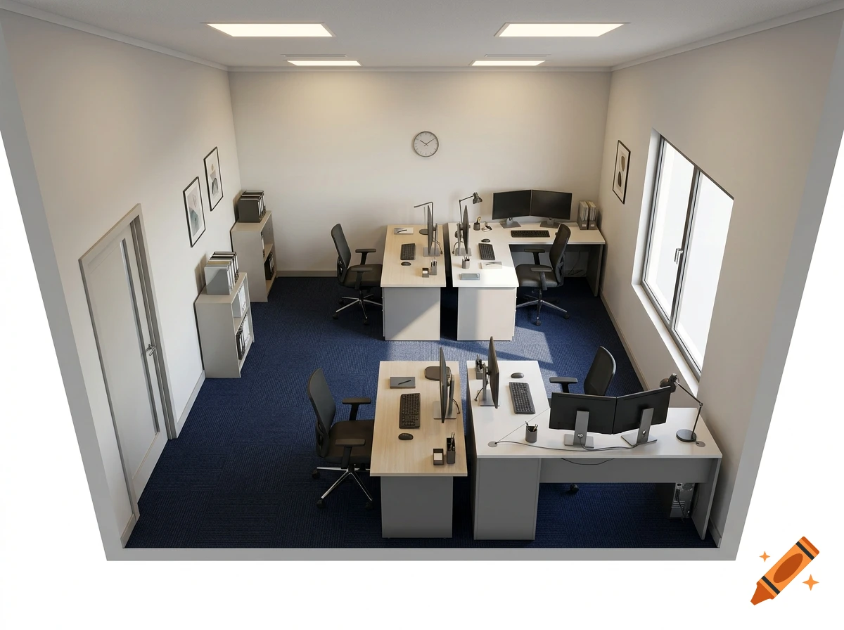 Top-down 3D architectural render of an office space with four desks, computers, and blue carpeting.