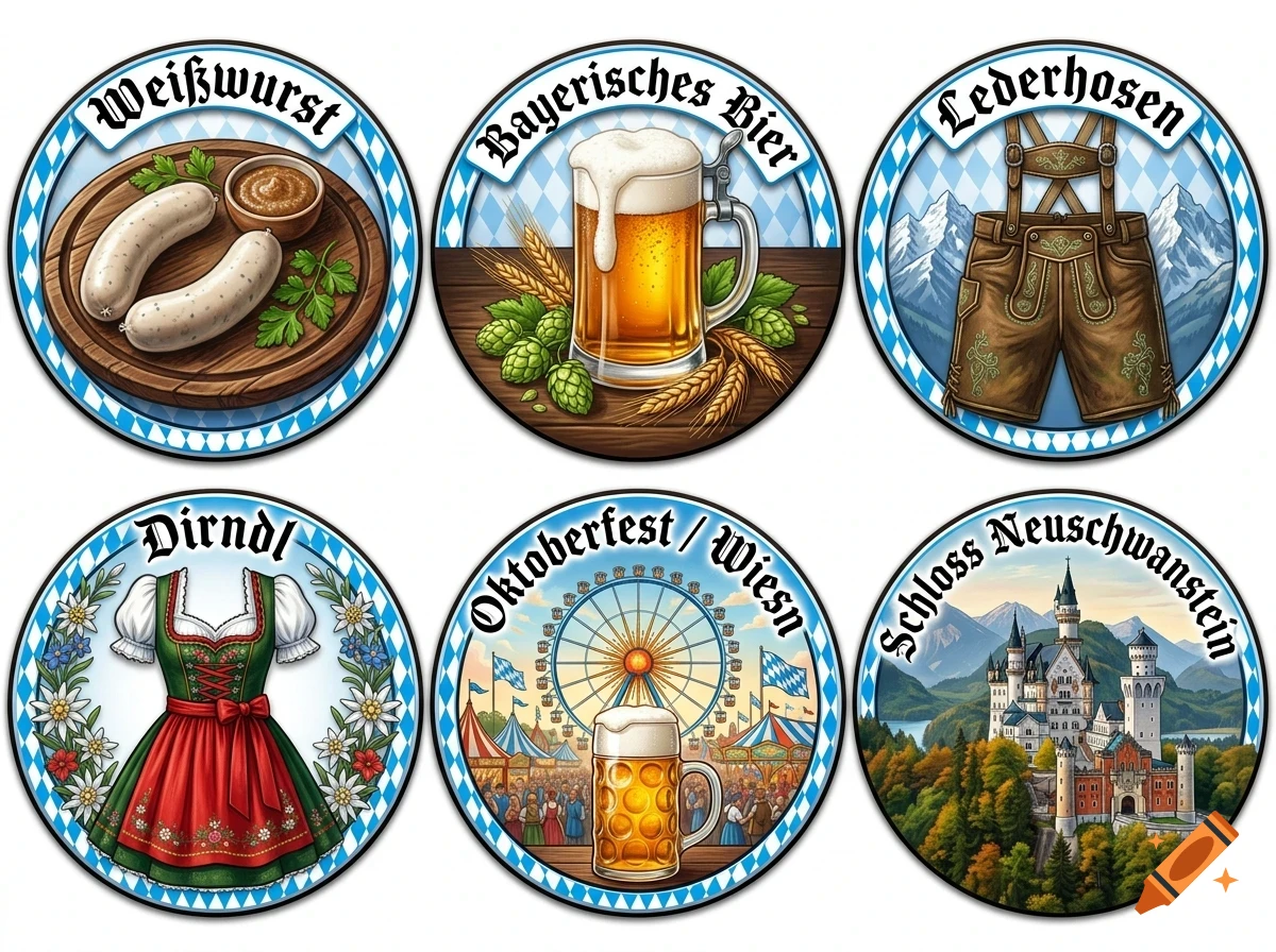 A set of six circular Bavarian-themed illustrations featuring Weisswurst, a beer stein, lederhosen, a dirndl, an Oktoberfest fairground scene, and Neuschwanstein Castle.