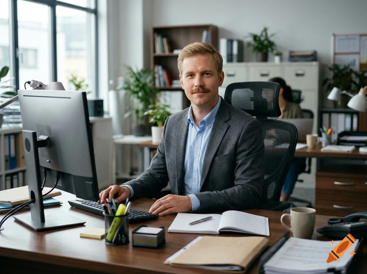 A man in a suit and tie sitting at a desk with a computer in an office.