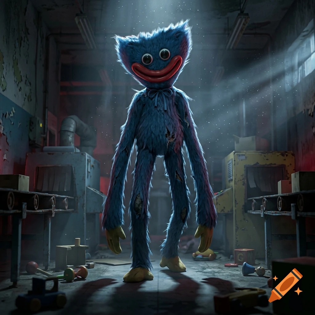 3D render of the blue monster Huggy Wuggy standing in a dark, industrial factory setting.