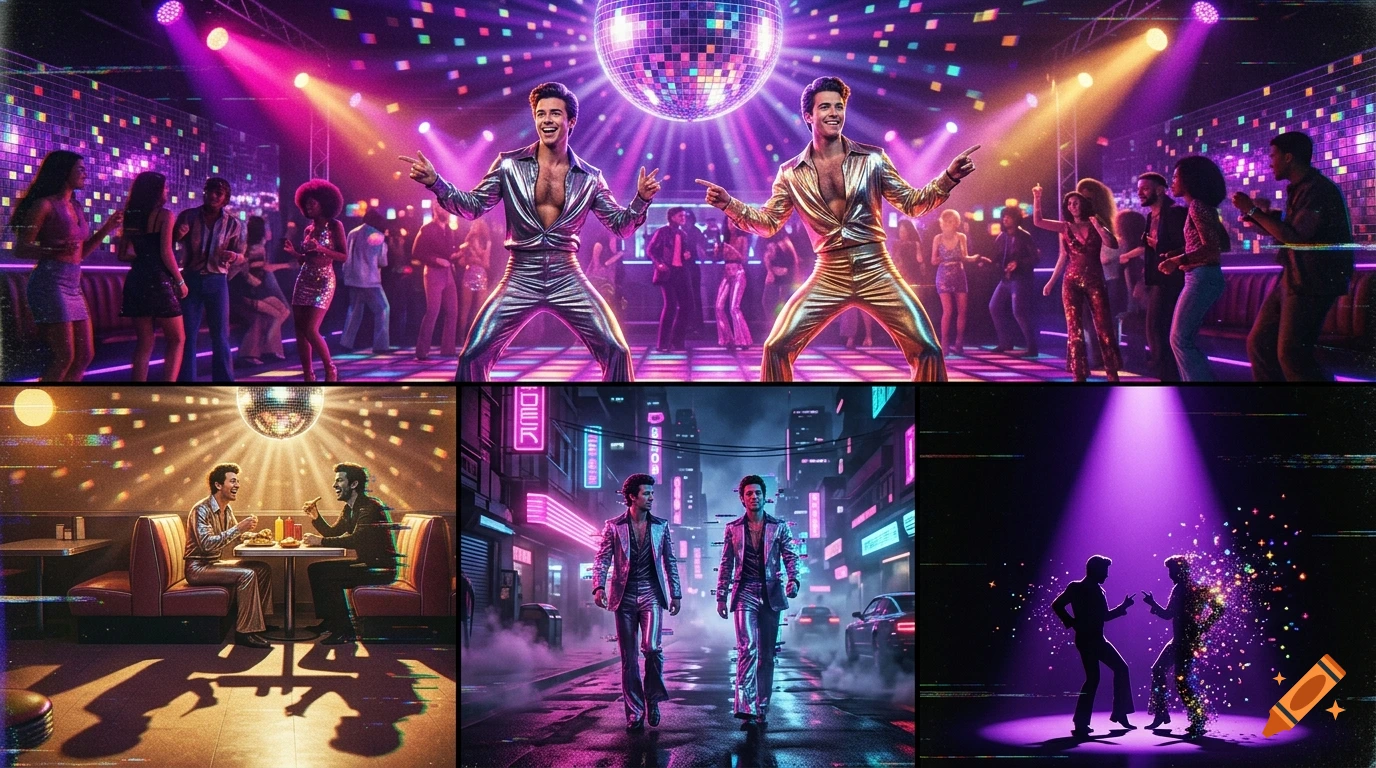 Multi-panel digital art showing two identical men in 1970s shiny disco outfits dancing under a giant disco ball with neon lighting.