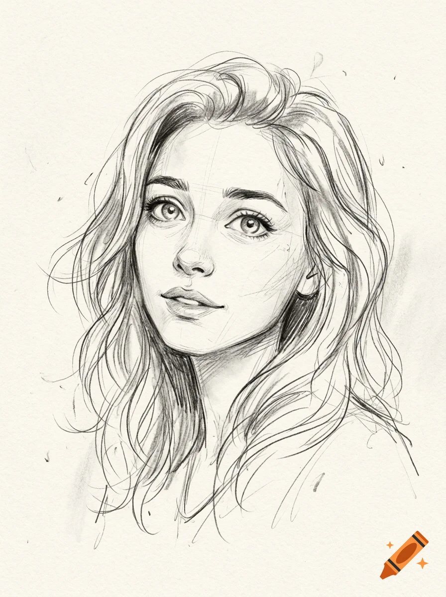 Pencil sketch portrait of a young woman with long wavy hair looking forward.