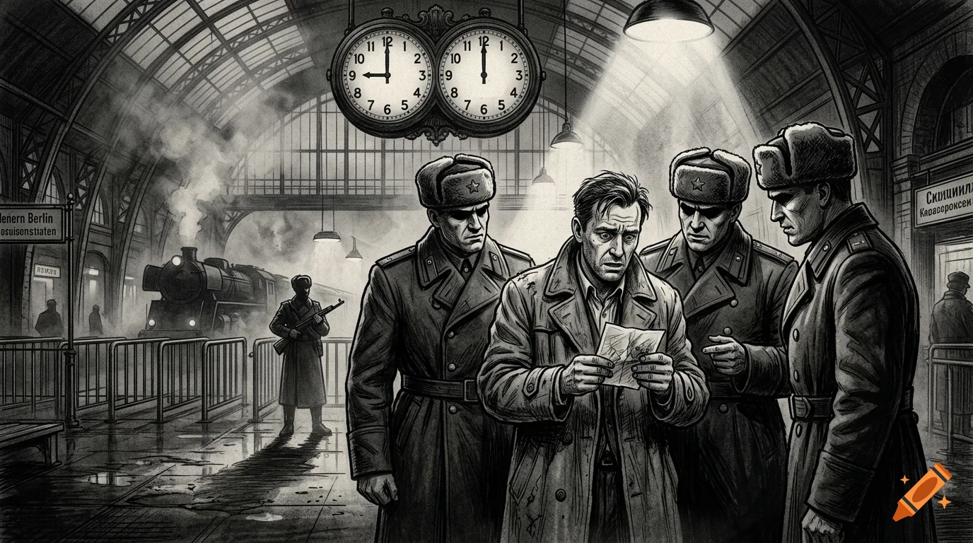 An anxious civilian reads a document surrounded by stern soldiers in uniform inside a grand train station with a steam locomotive.