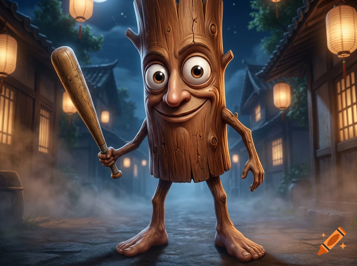 An anthropomorphic wooden tree character holding a wooden bat stands in a misty street at night, illuminated by glowing lanterns.