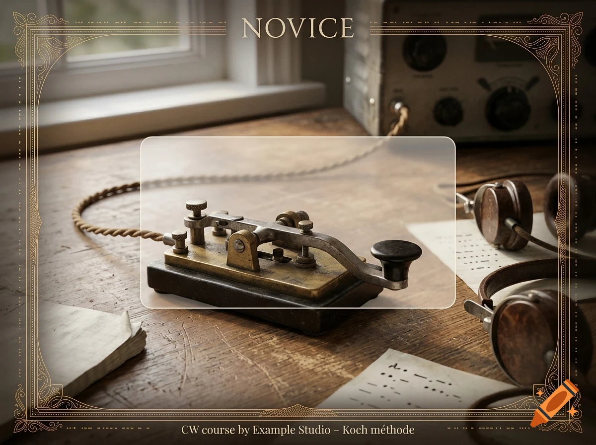 An antique telegraph key sits on a wooden desk, accompanied by headphones, papers with Morse code, and a radio device in the background, framed by a decorative border with the text "NOVICE".