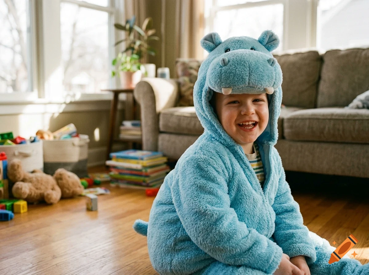 A young child smiling while wearing a blue plush hippopotamus costume indoors.
