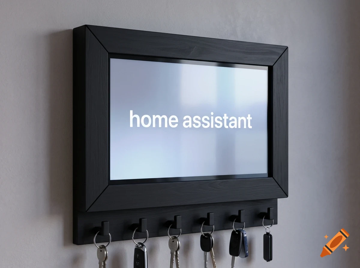 A black wall-mounted smart display frame with the text 'home assistant' on the screen and six keychains hanging from hooks underneath.