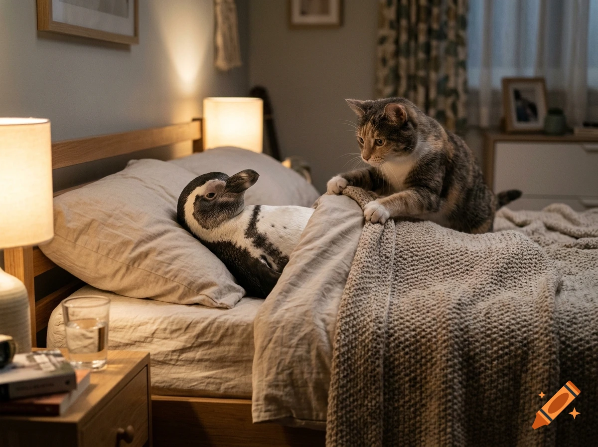 A photorealistic bedroom scene where a penguin is tucked into bed and a cat stands over it.