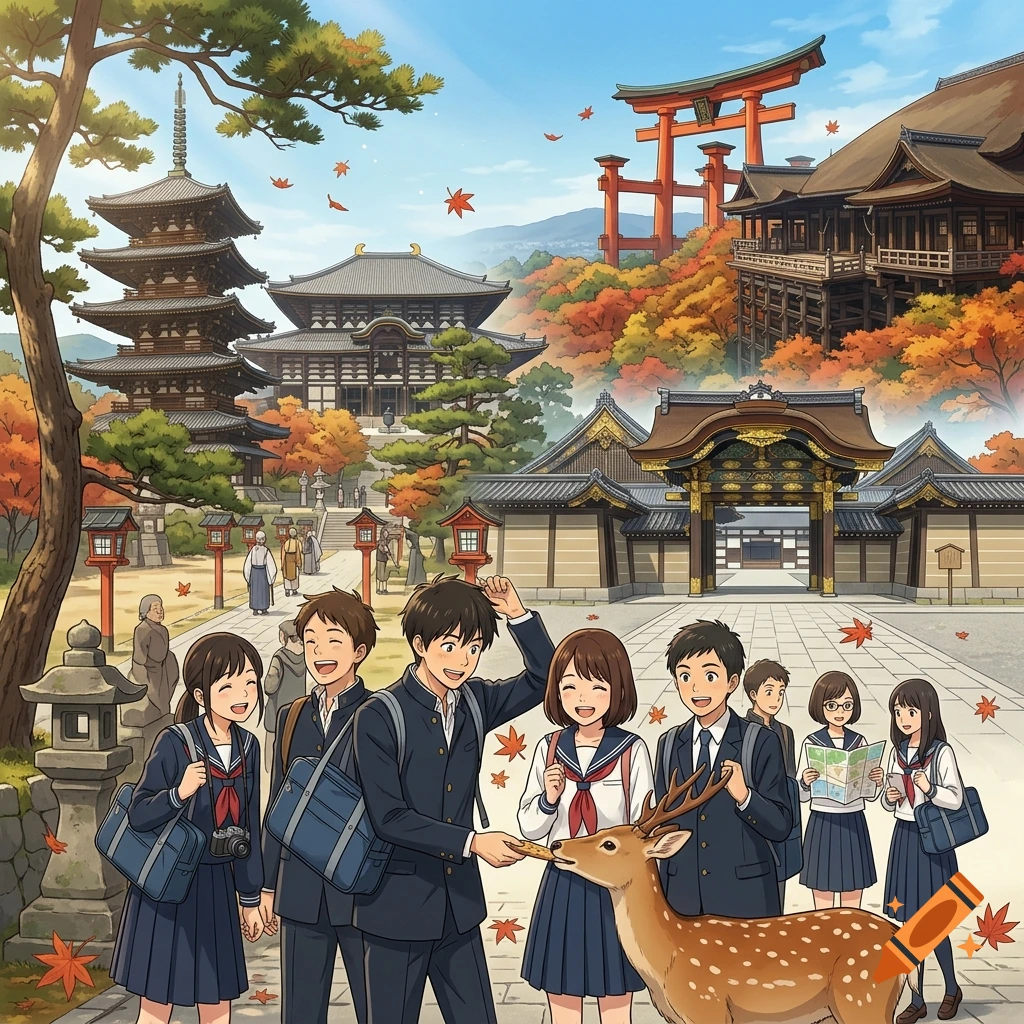 Anime style illustration of a group of school students feeding a deer in front of Japanese temples and landmarks.