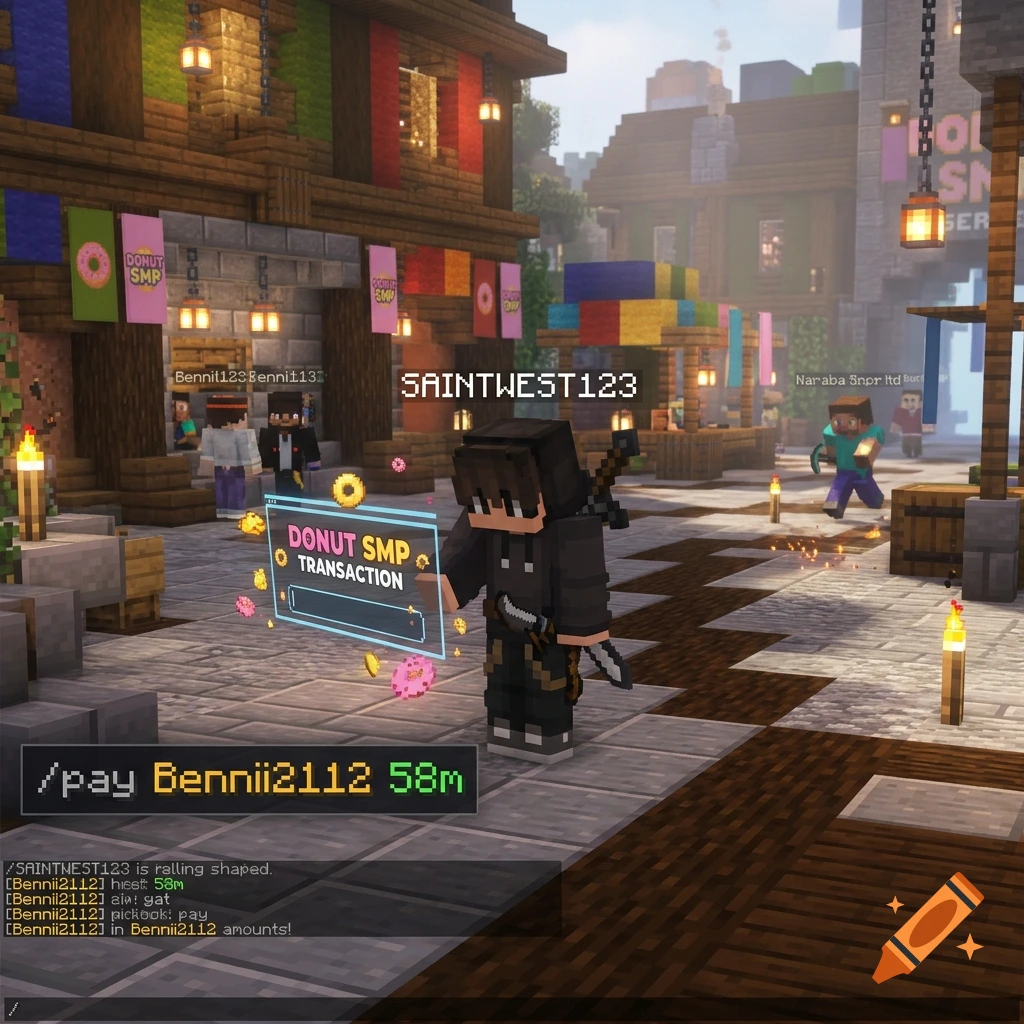 Minecraft-style marketplace scene with a character interacting with a glowing transaction screen and text overlay showing pay command.