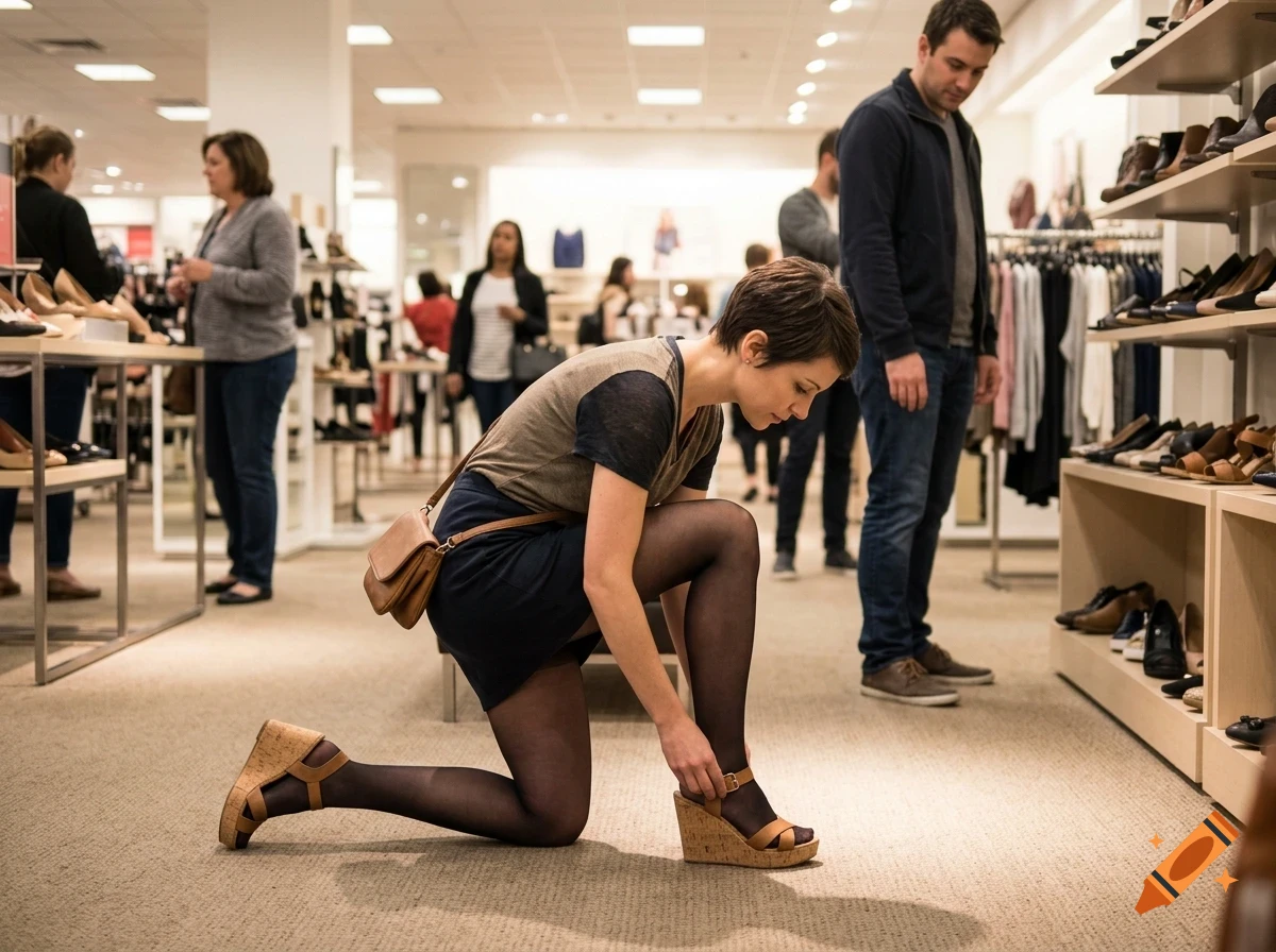 A woman kneels on the floor of a shoe store to try on a wedge sandal, while other shoppers browse nearby shelves.