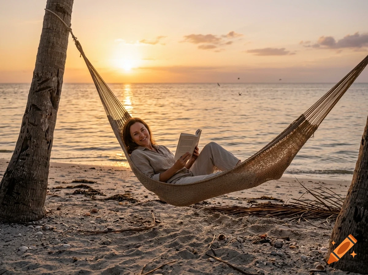 A woman relaxes in a woven hammock tied between two palm trees on a sandy beach, reading a book as the sun sets over the ocean.