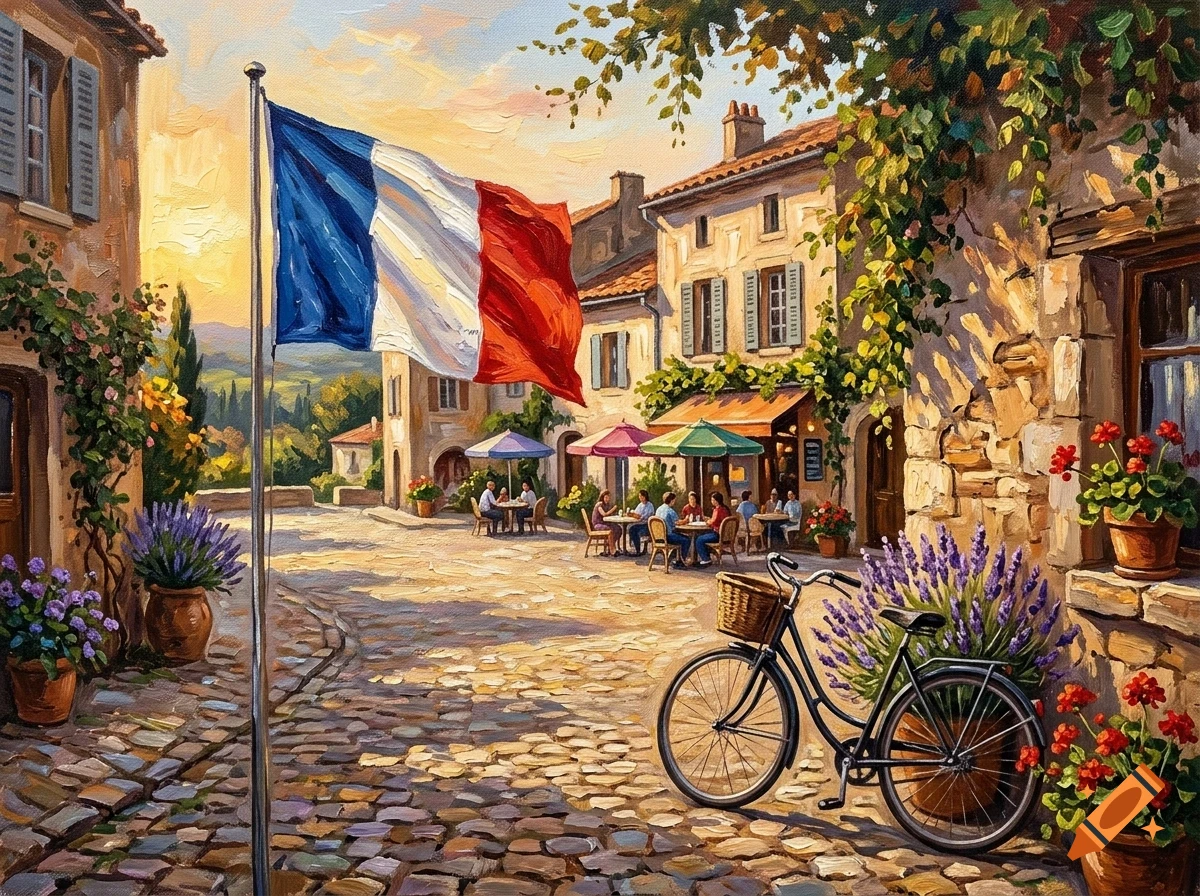 An oil painting of a French village street with a French flag, a bicycle with flowers, and people dining outdoors.