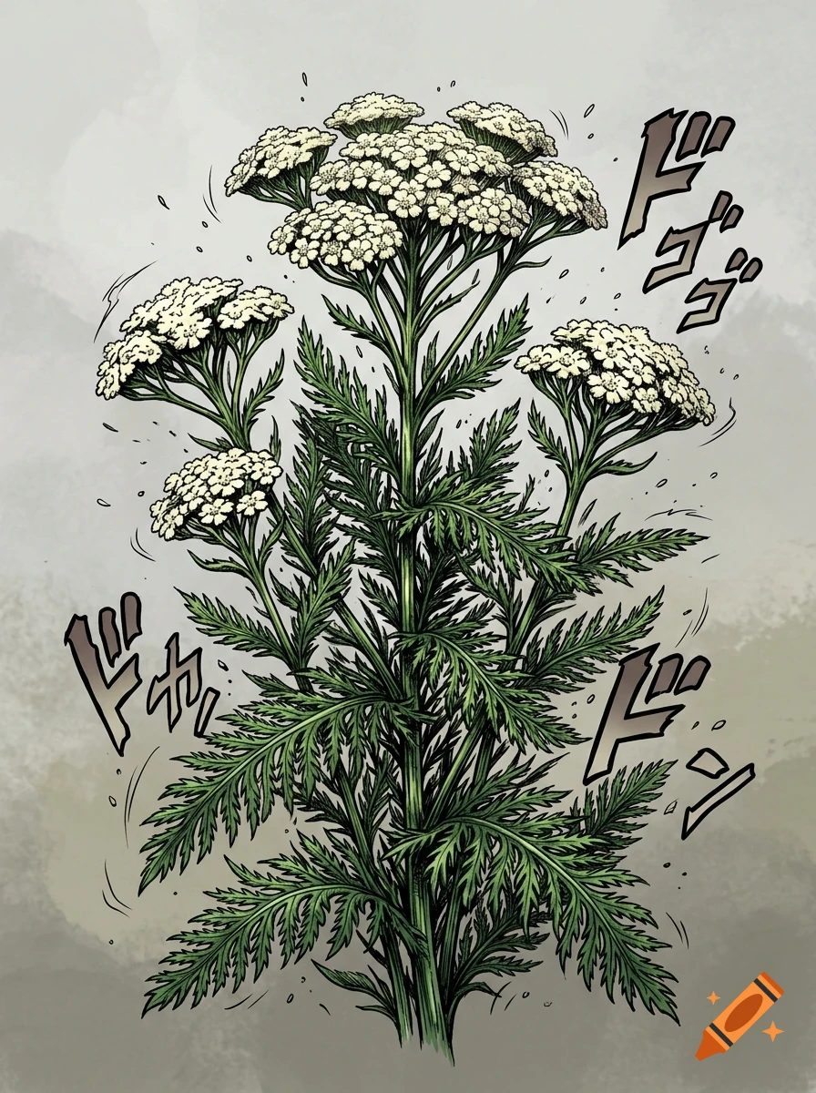 An illustrated depiction of a flowering yarrow plant with detailed white blossoms and fern-like green leaves, accompanied by Japanese sound effect characters in the background.