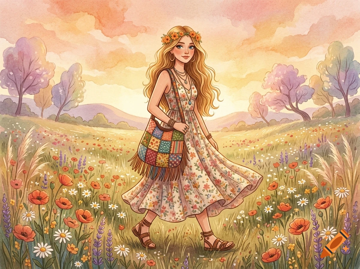 A blonde woman wearing a floral dress and a flower crown walks through a meadow filled with wildflowers at sunset.