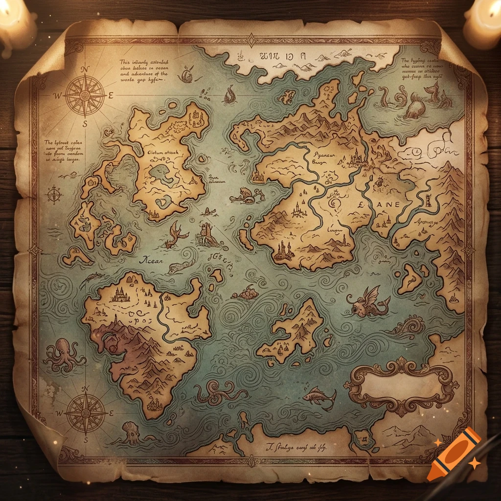 An illustrated fantasy world map on aged parchment paper, featuring continents, oceans, compass roses, sea monsters, and decorative borders.