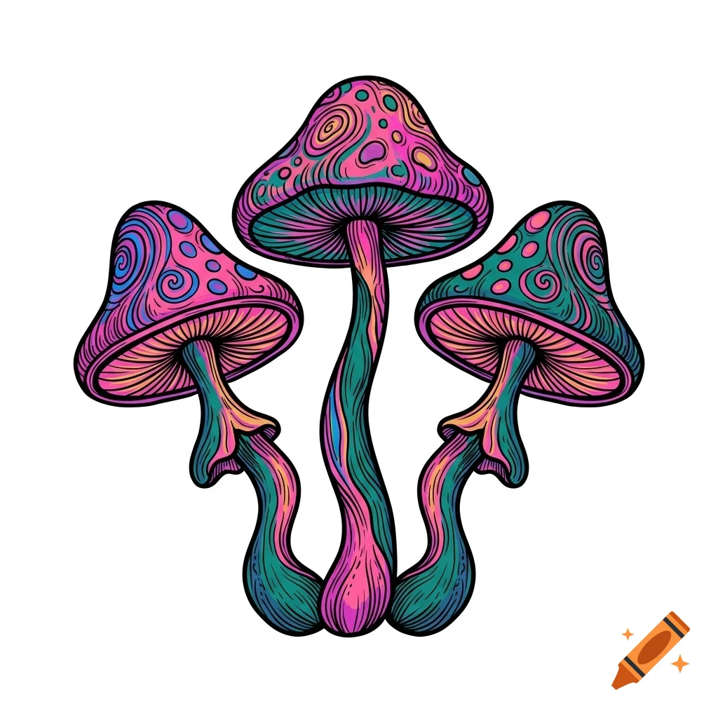 Three psychedelic, brightly colored mushrooms with swirling patterns in pink, purple, and teal.