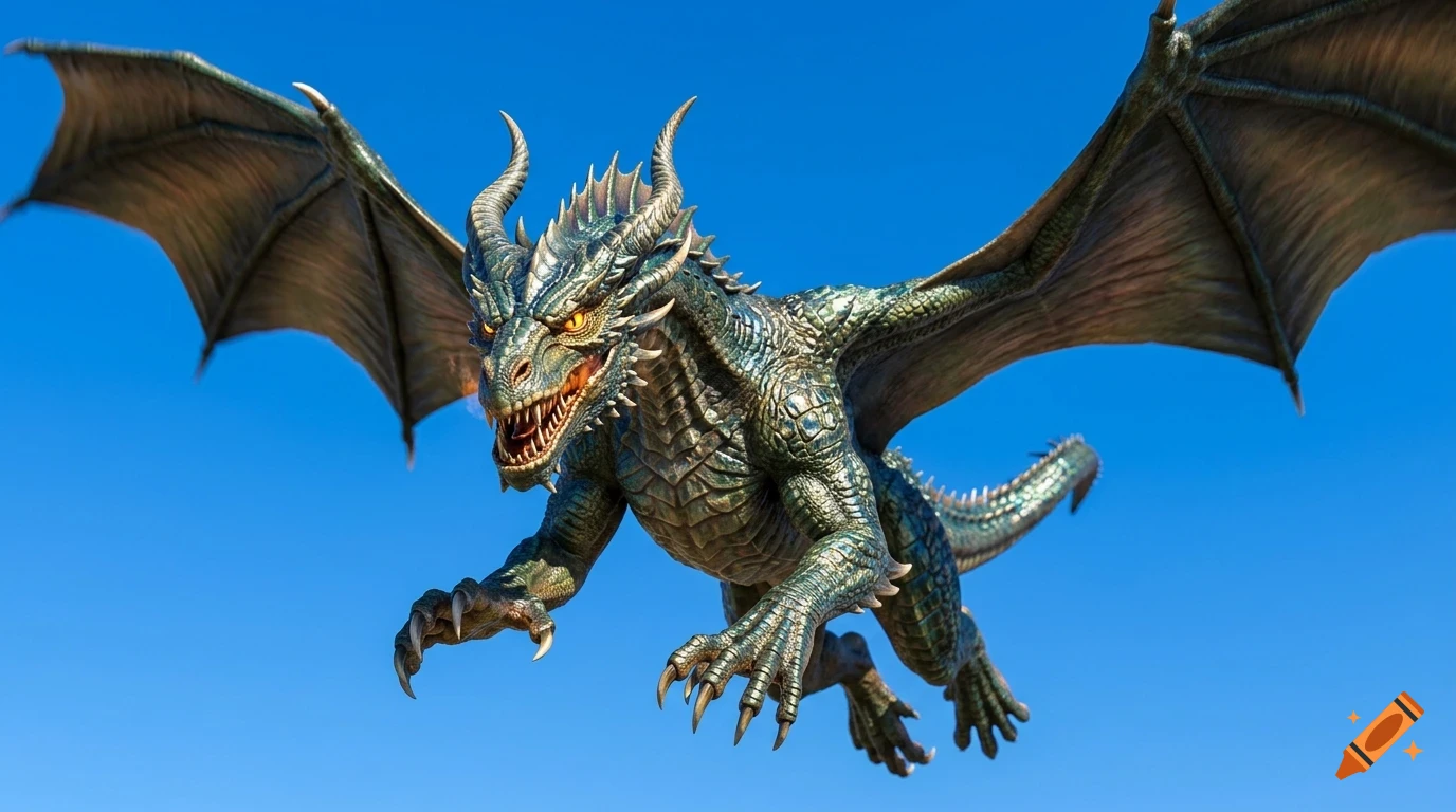A detailed green-scaled dragon with large wings and horns flying against a clear blue sky.
