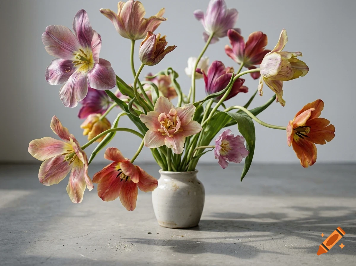 A rustic white ceramic vase holds a vibrant arrangement of multi-colored tulips in shades of pink, yellow, orange, and purple on a light concrete surface.