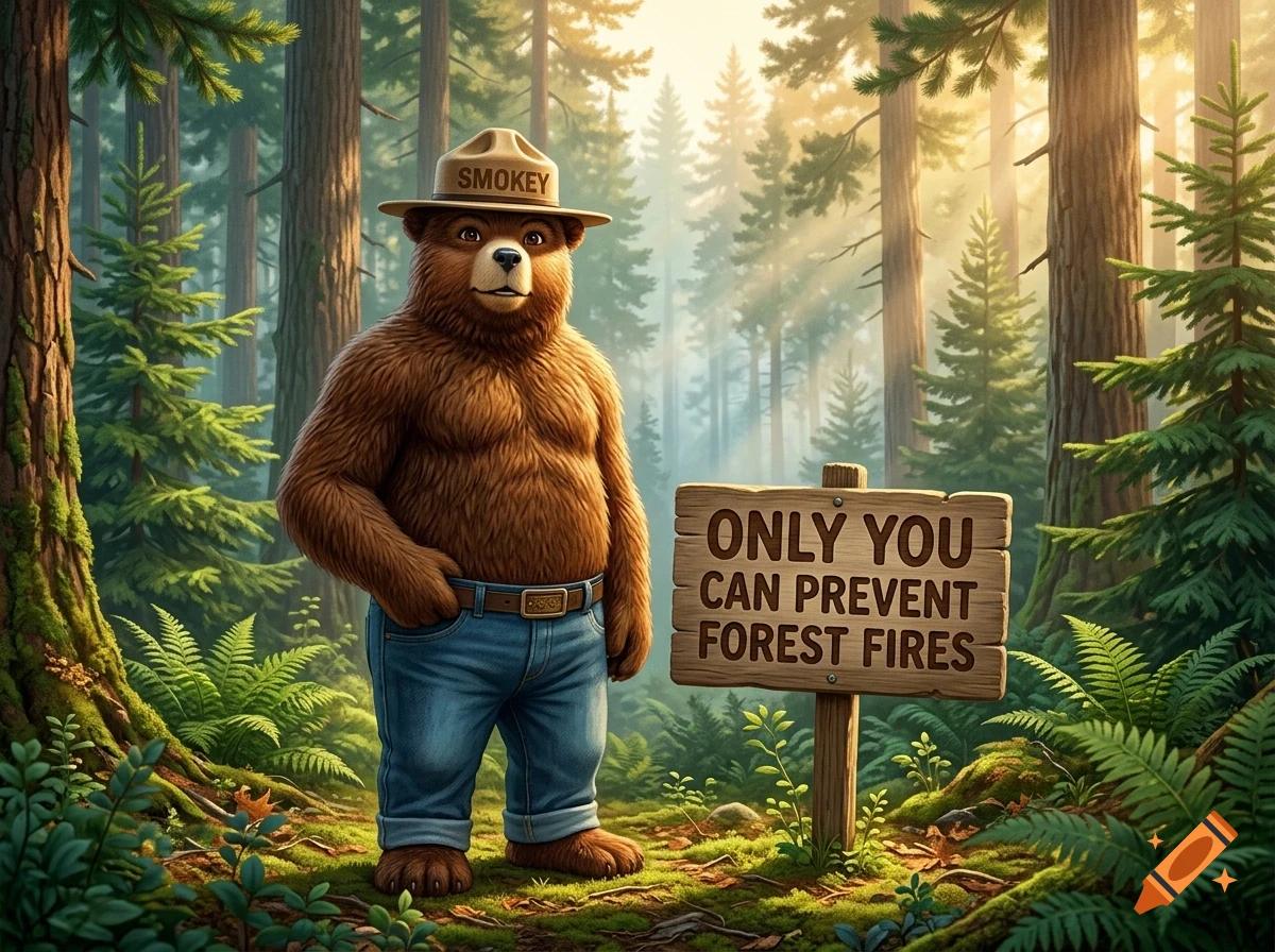 An anthropomorphic bear wearing a ranger hat that reads SMOKEY and blue jeans stands in a lush forest next to a wooden sign that reads ONLY YOU CAN PREVENT FOREST FIRES.