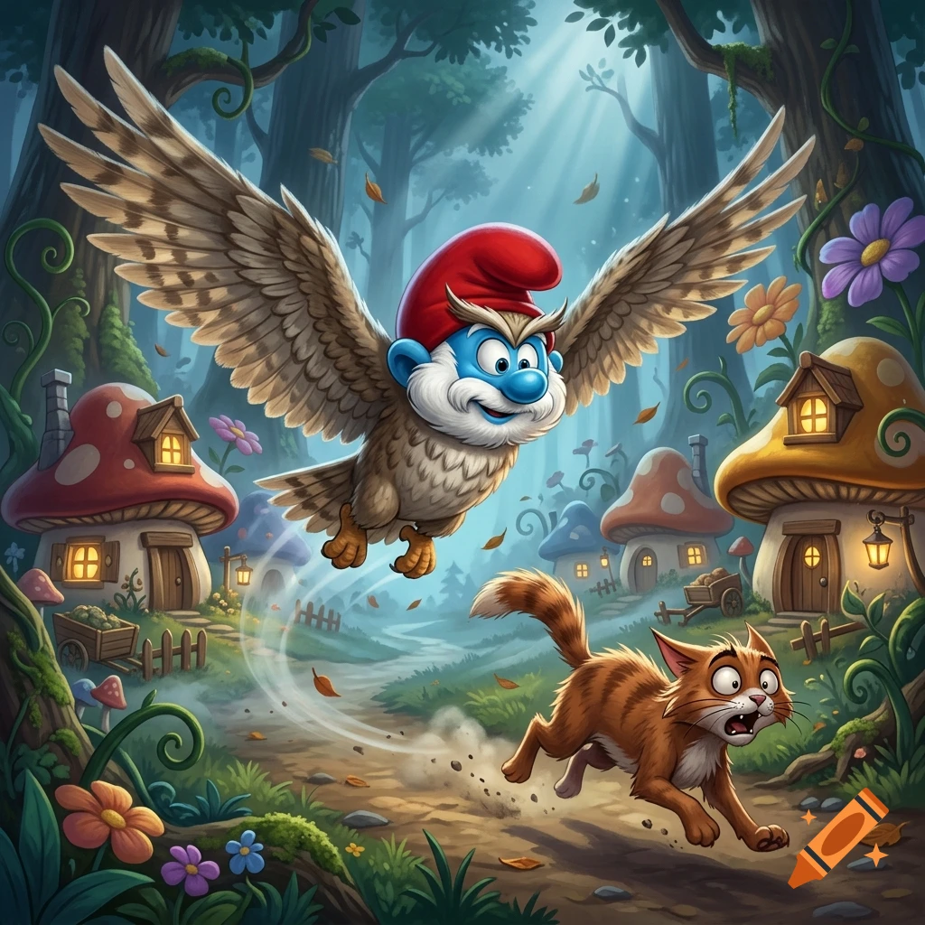 An owl disguised as a Smurf flying over a village and chasing a terrified cat, fantasy illustration style.