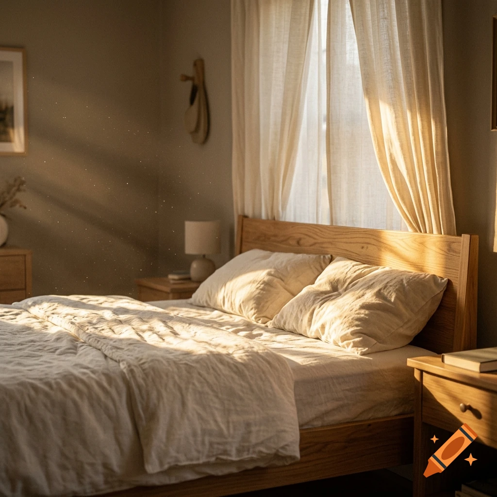 Photorealistic bedroom with wooden bed, white linens, and warm sunlight streaming through sheer curtains.
