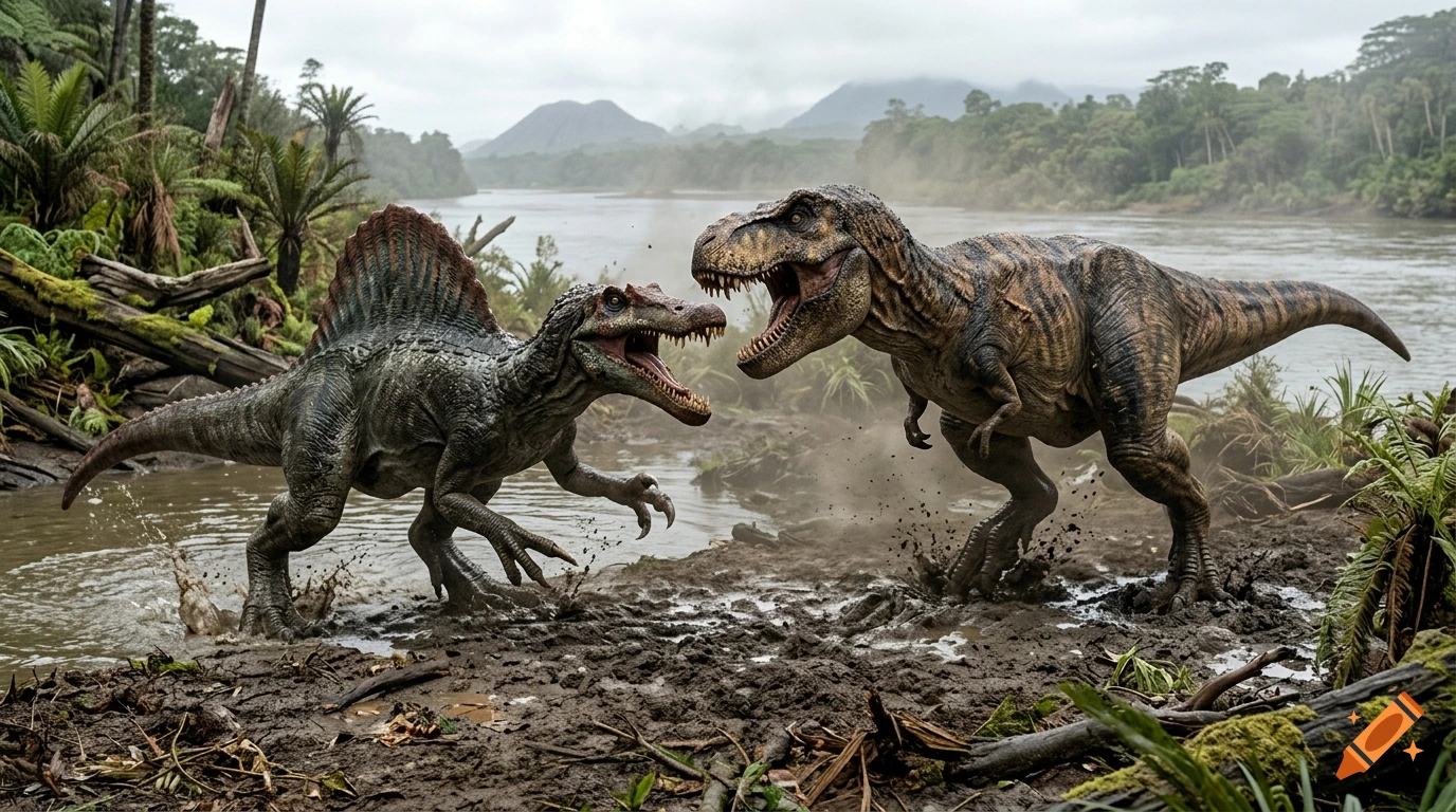 Photorealistic image of a T-Rex and a Spinosaurus fighting in a muddy riverbank amidst lush tropical foliage.